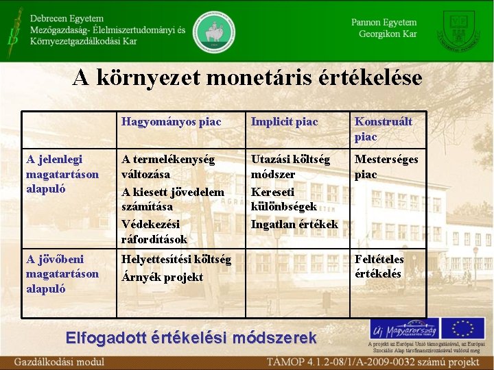 A környezet monetáris értékelése Hagyományos piac Implicit piac Konstruált piac A jelenlegi magatartáson alapuló