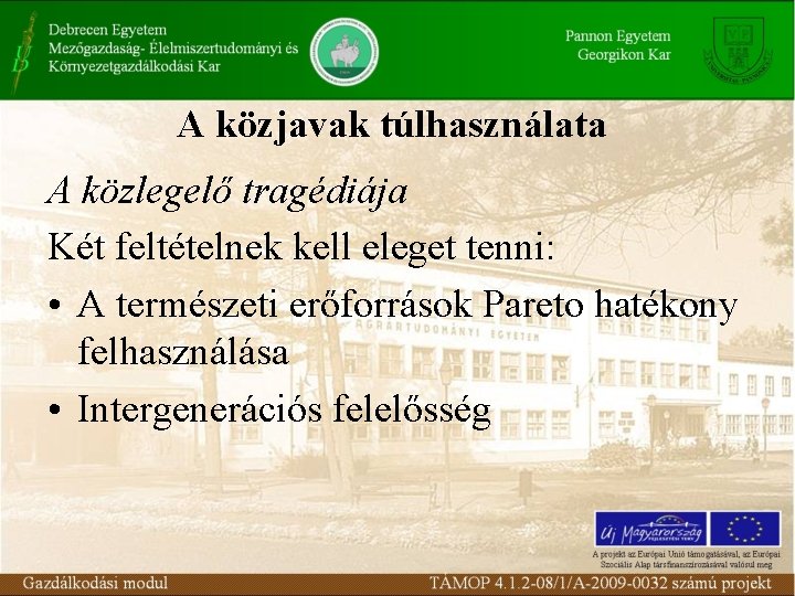 A közjavak túlhasználata A közlegelő tragédiája Két feltételnek kell eleget tenni: • A természeti