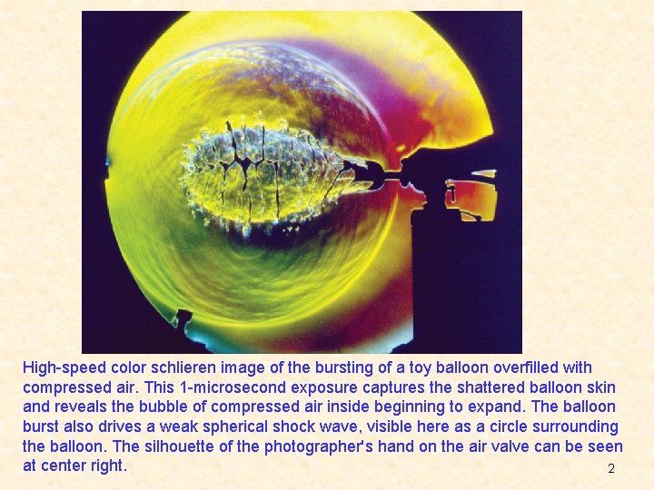 High-speed color schlieren image of the bursting of a toy balloon overfilled with compressed