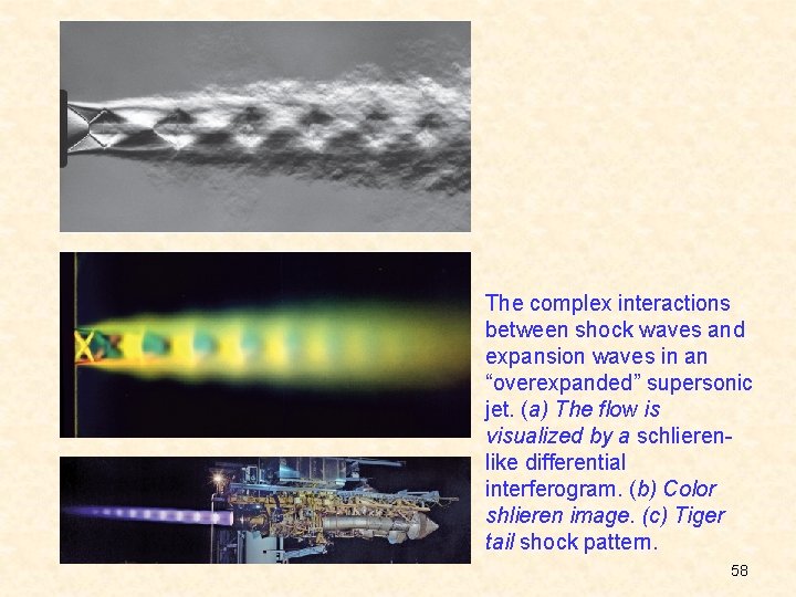 The complex interactions between shock waves and expansion waves in an “overexpanded” supersonic jet.