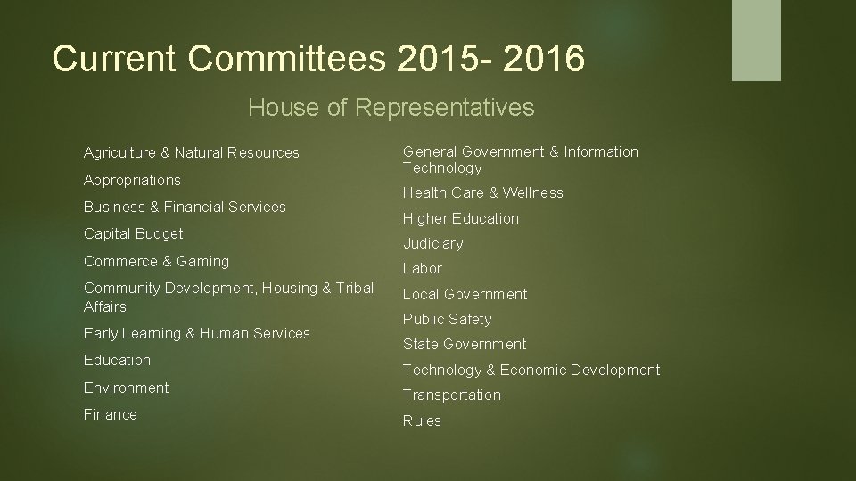 Current Committees 2015 - 2016 House of Representatives Agriculture & Natural Resources Appropriations Business