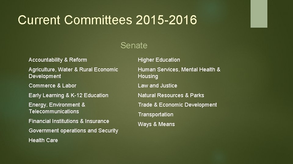 Current Committees 2015 -2016 Senate Accountability & Reform Higher Education Agriculture, Water & Rural
