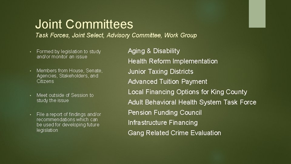 Joint Committees Task Forces, Joint Select, Advisory Committee, Work Group • • Formed by