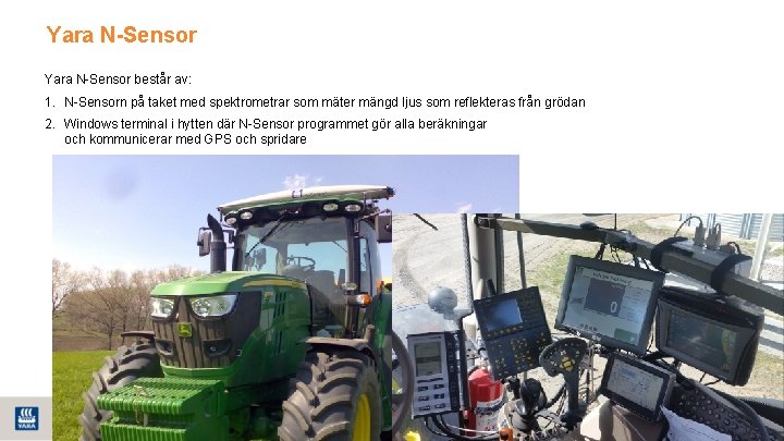 Yara N-Sensor består av: 1. N-Sensorn på taket med spektrometrar som mäter mängd ljus