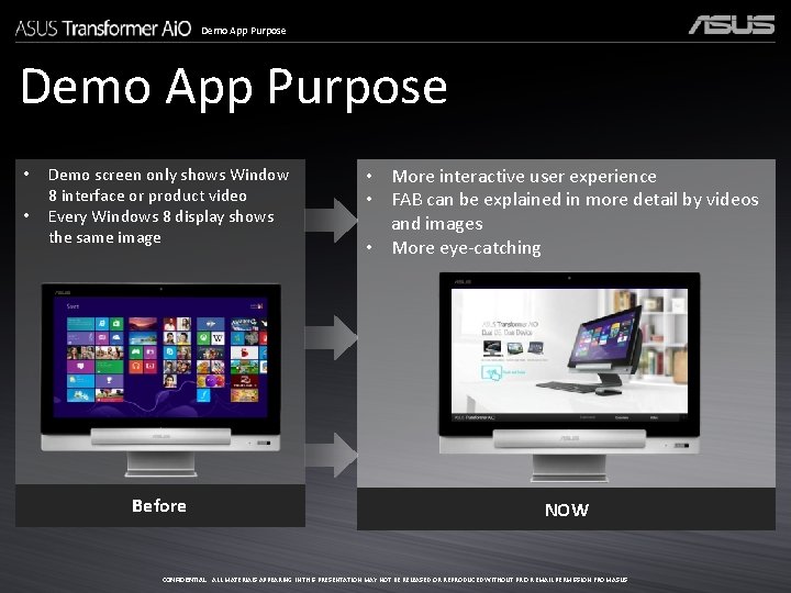Demo App Purpose • • Demo screen only shows Window 8 interface or product