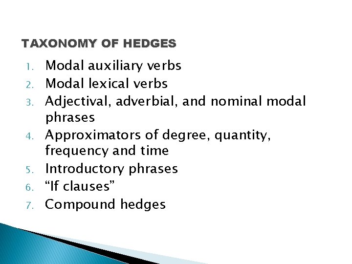 TAXONOMY OF HEDGES 1. 2. 3. 4. 5. 6. 7. Modal auxiliary verbs Modal TAXONOMY OF HEDGES 1. 2. 3. 4. 5. 6. 7. Modal auxiliary verbs Modal