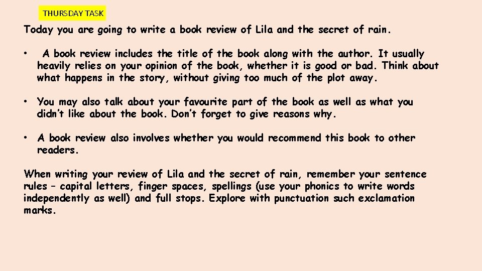THURSDAY TASK Today you are going to write a book review of Lila and THURSDAY TASK Today you are going to write a book review of Lila and
