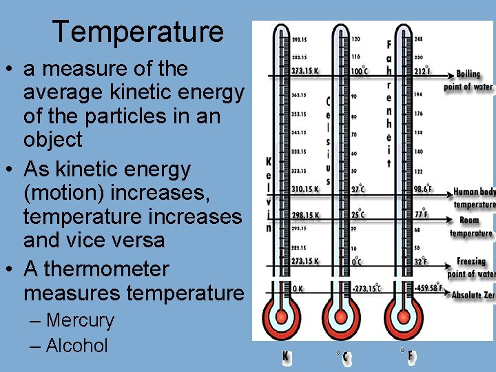 Temperature • a measure of the average kinetic energy of the particles in an
