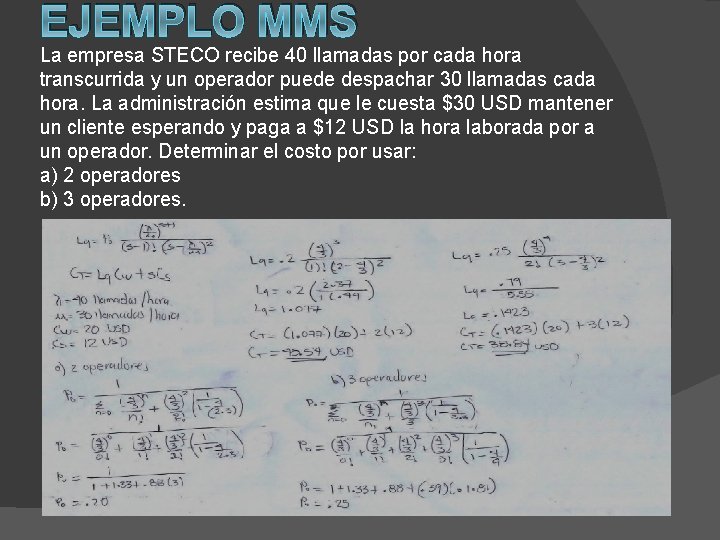 EJEMPLO MMS La empresa STECO recibe 40 llamadas por cada hora transcurrida y un