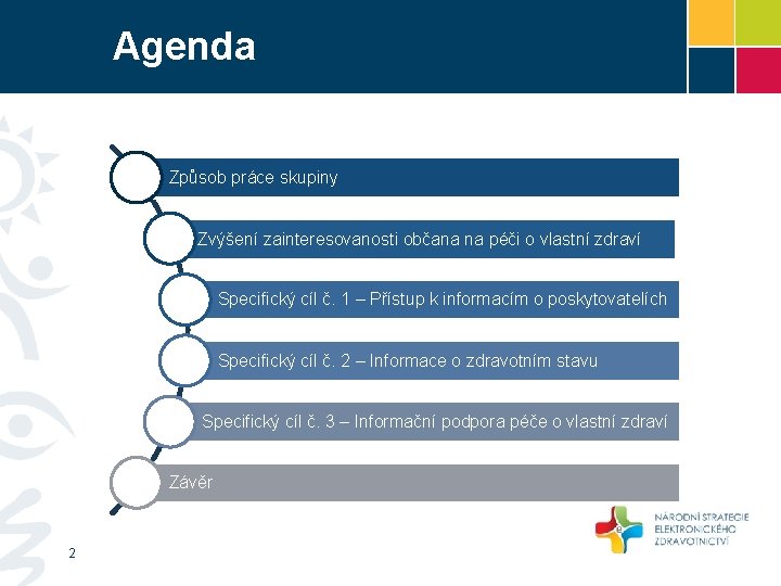 Agenda Způsob práce skupiny Zvýšení zainteresovanosti občana na péči o vlastní zdraví Specifický cíl