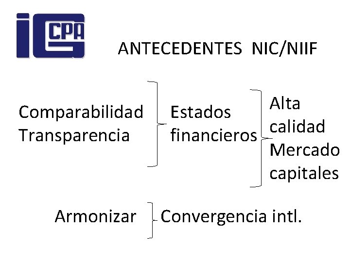 ANTECEDENTES NIC/NIIF Comparabilidad Transparencia Armonizar Alta Estados calidad financieros Mercado capitales Convergencia intl. 