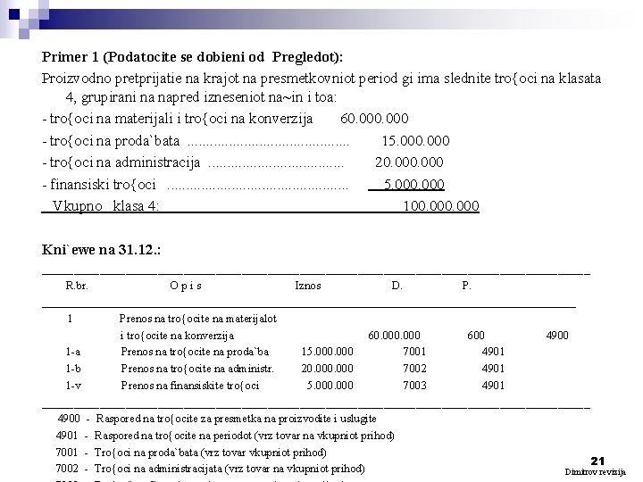 Primer 1 (Podatocite se dobieni od Pregledot): Proizvodno pretprijatie na krajot na presmetkovniot period