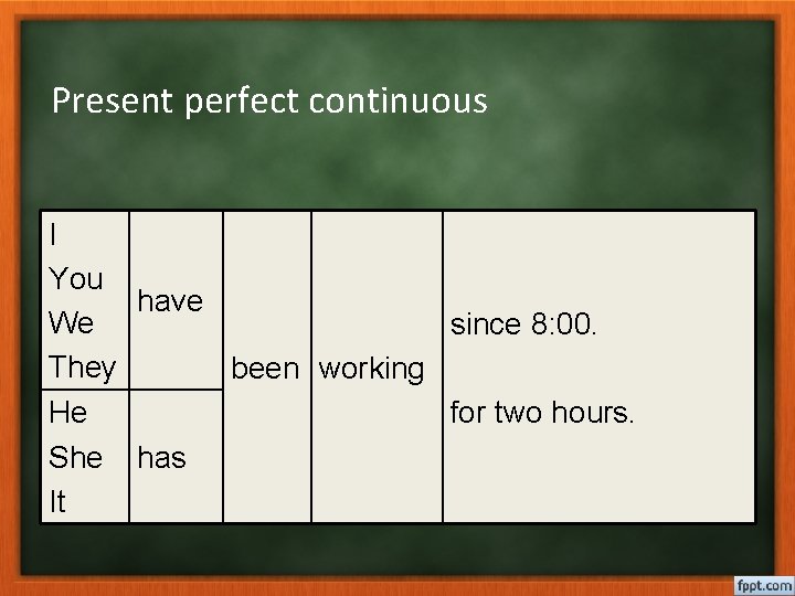 Present perfect continuous I You have We since 8: 00. They been working for