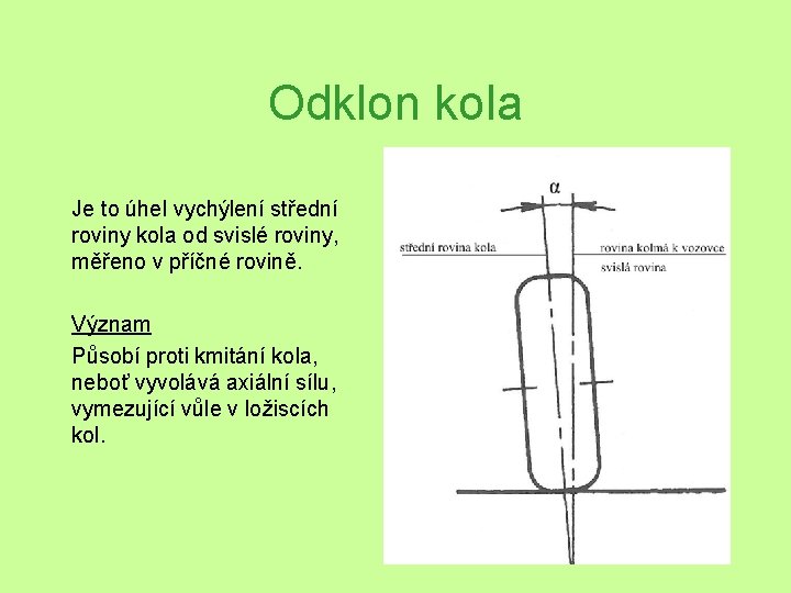 Odklon kola Je to úhel vychýlení střední roviny kola od svislé roviny, měřeno v Odklon kola Je to úhel vychýlení střední roviny kola od svislé roviny, měřeno v