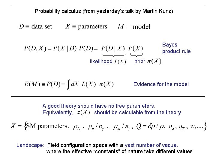 Probability calculus (from yesterday’s talk by Martin Kunz) Bayes product rule likelihood prior Evidence