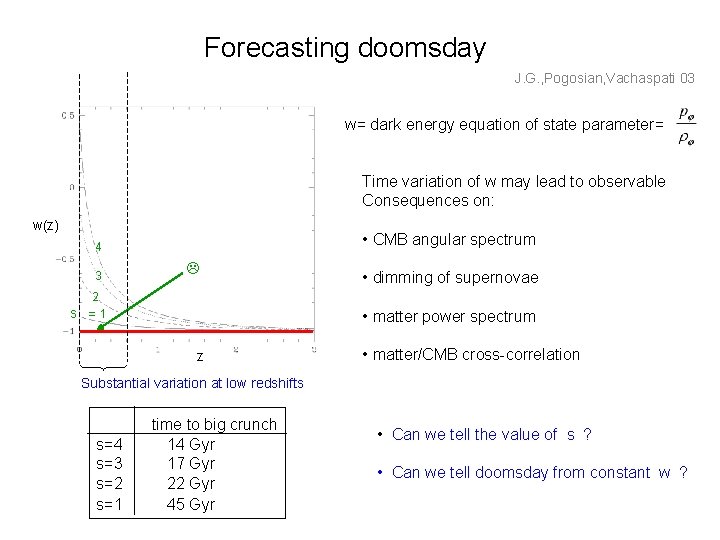 Forecasting doomsday J. G. , Pogosian, Vachaspati 03 w= dark energy equation of state