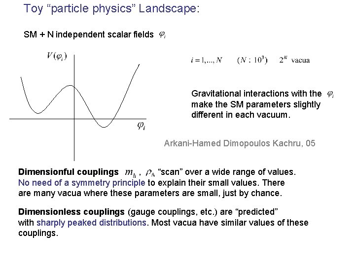 Toy “particle physics” Landscape: SM + N independent scalar fields Gravitational interactions with the