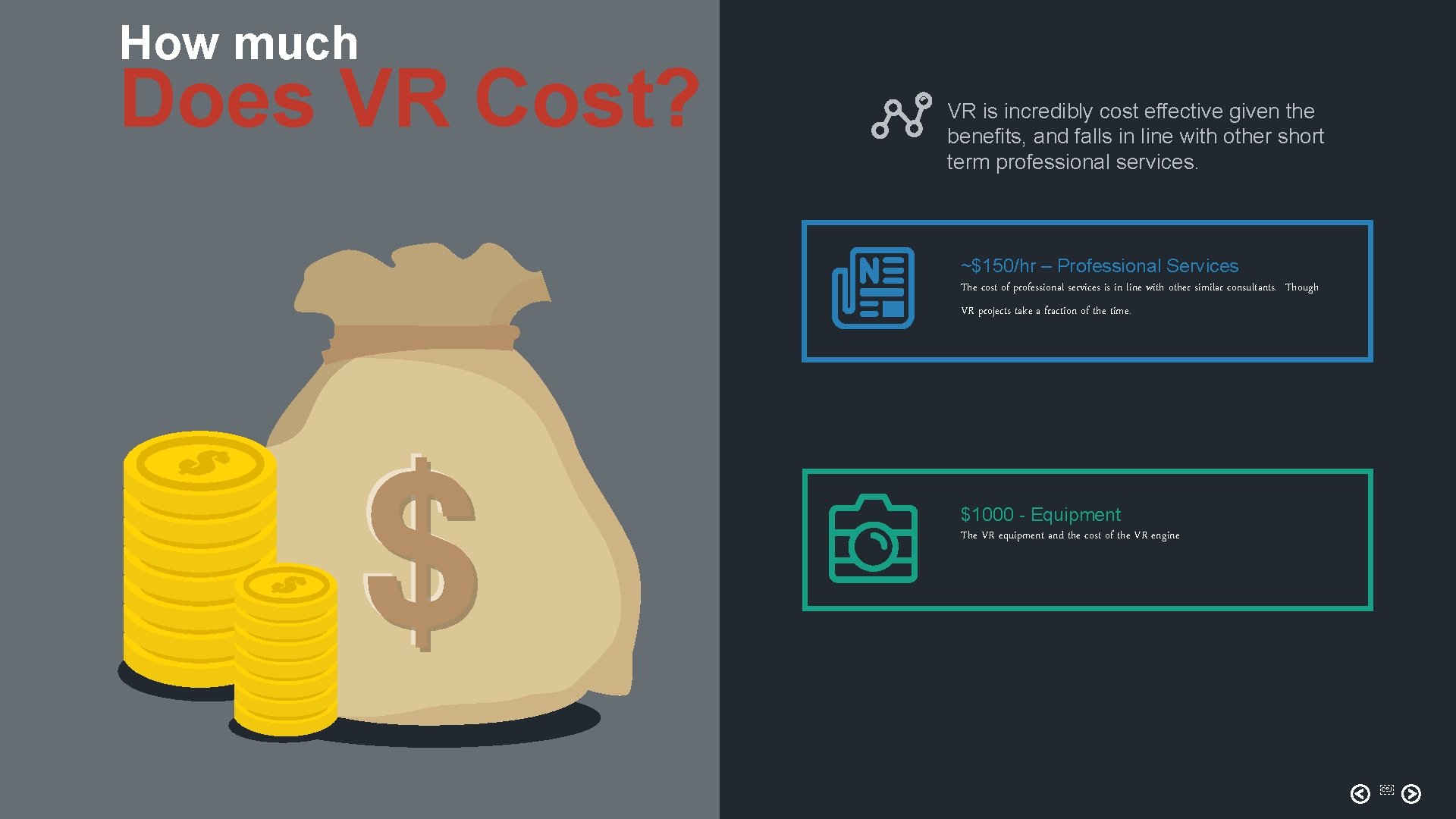 How much Does VR Cost? VR is incredibly cost effective given the benefits, and