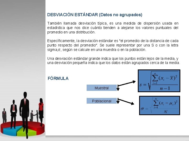 DESVIACIÓN ESTÁNDAR (Datos no agrupados) También llamada desviación típica, es una medida de dispersión