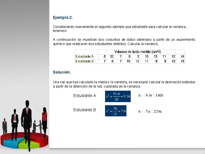 Ejemplo 2. Considerando nuevamente el segundo ejemplo que estudiaste para calcular la varianza, tenemos: