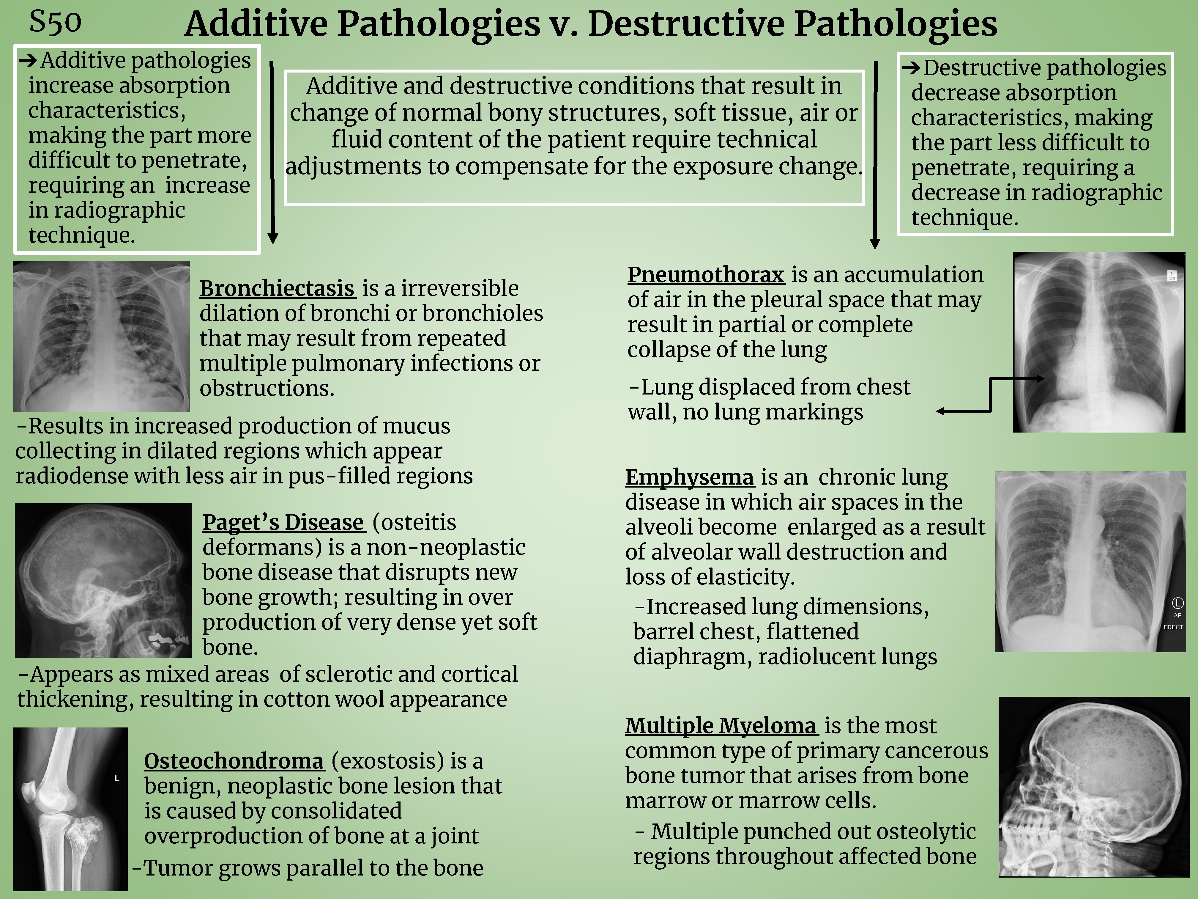 Additive Pathologies v. Destructive Pathologies S 50 ➔ Additive pathologies increase absorption characteristics, making
