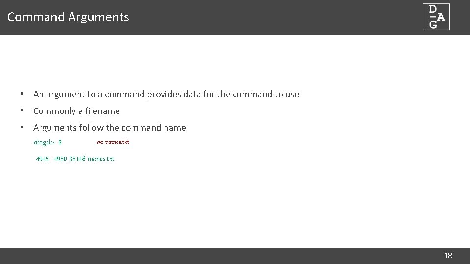 Command Arguments • An argument to a command provides data for the command to