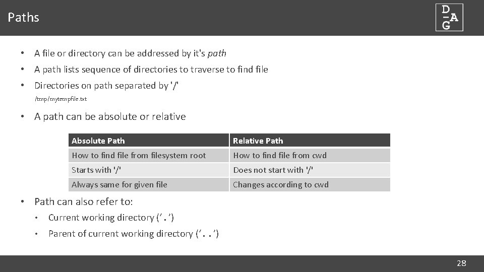 Paths • A file or directory can be addressed by it's path • A