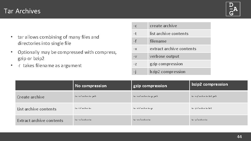 Tar Archives • tar allows combining of many files and directories into single file