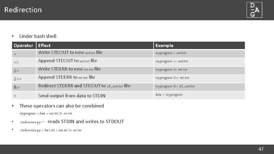 Redirection Under bash shell: • Operator Effect Write STDOUT to new out. txt file