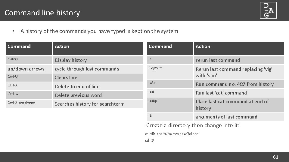 Command line history • A history of the commands you have typed is kept