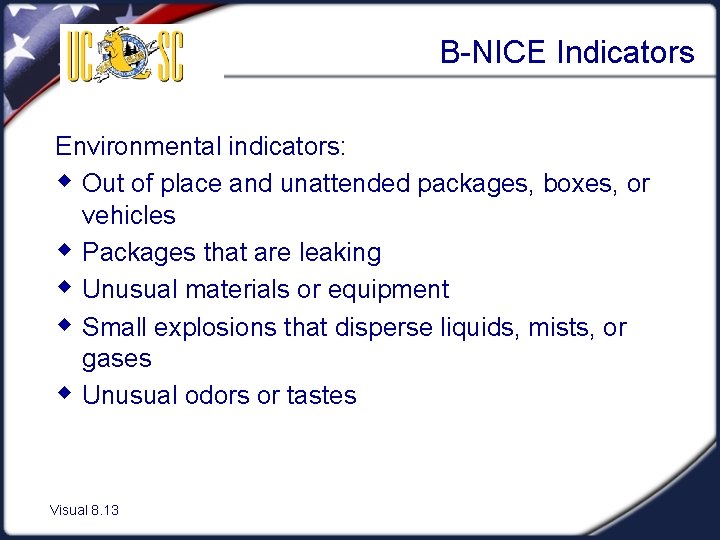 B-NICE Indicators Environmental indicators: w Out of place and unattended packages, boxes, or vehicles