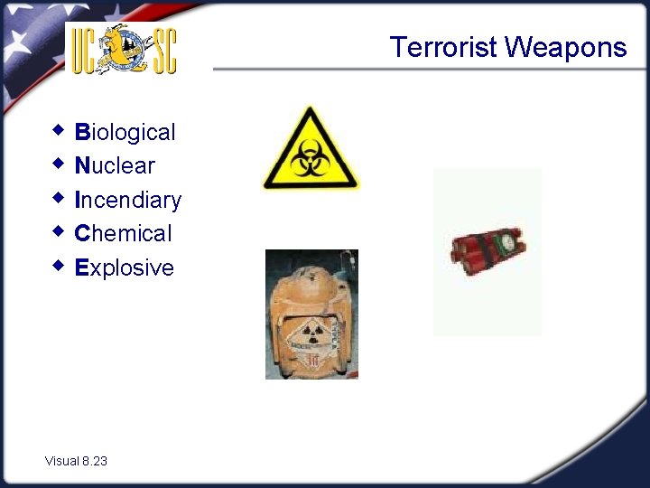 Terrorist Weapons w Biological w Nuclear w Incendiary w Chemical w Explosive Visual 8.