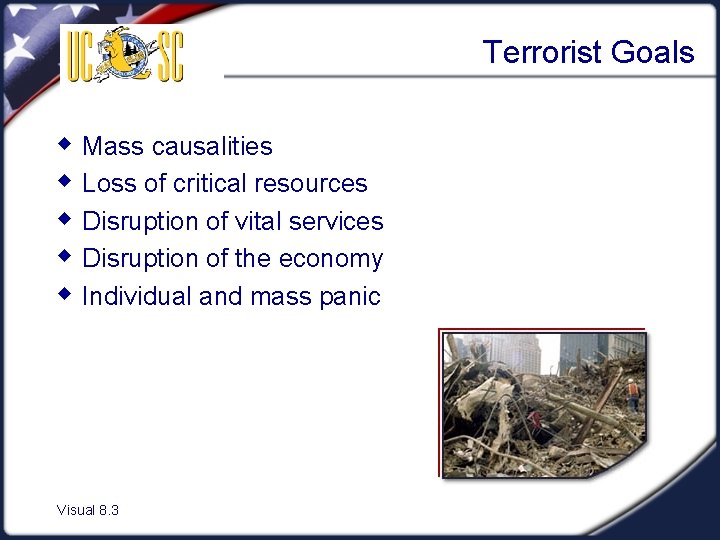Terrorist Goals w Mass causalities w Loss of critical resources w Disruption of vital
