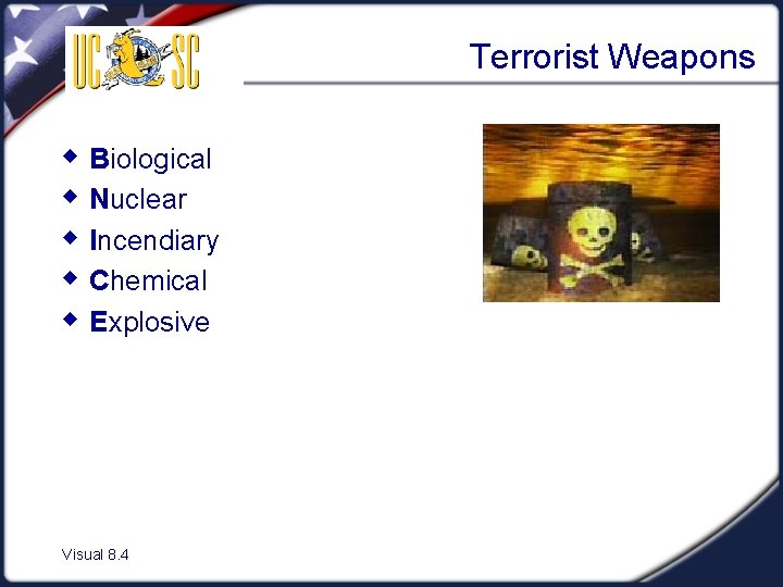 Terrorist Weapons w Biological w Nuclear w Incendiary w Chemical w Explosive Visual 8.