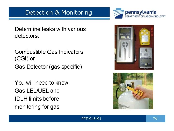 Detection & Monitoring Determine leaks with various detectors: Combustible Gas Indicators (CGI) or Gas