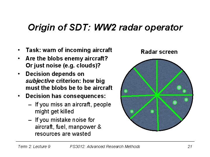 Origin of SDT: WW 2 radar operator • Task: warn of incoming aircraft •