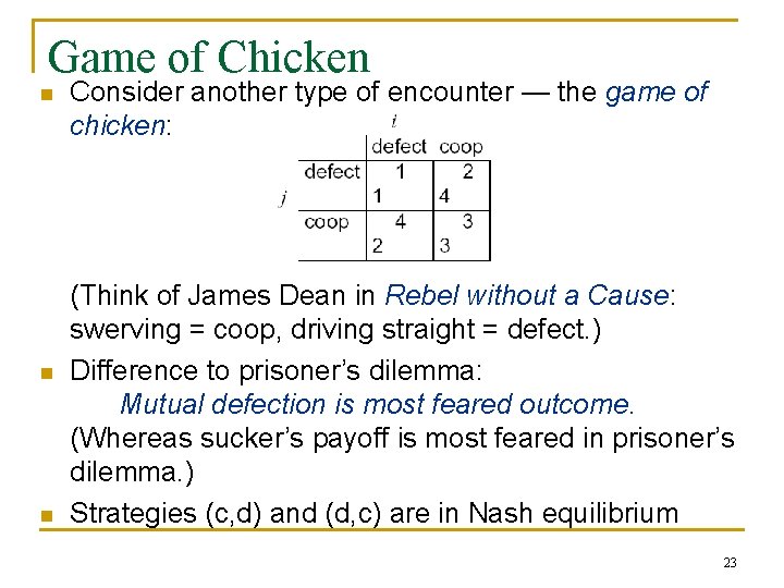 Game of Chicken n Consider another type of encounter — the game of chicken: