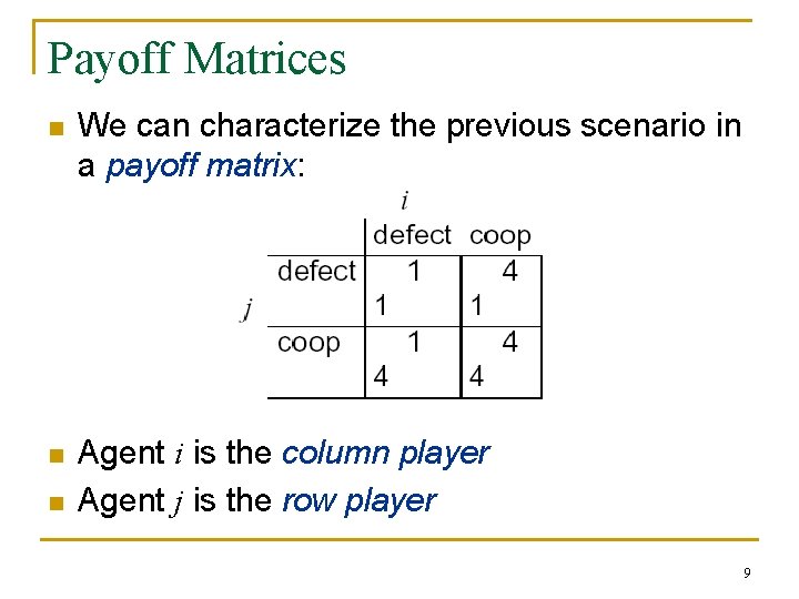 Payoff Matrices n We can characterize the previous scenario in a payoff matrix: n