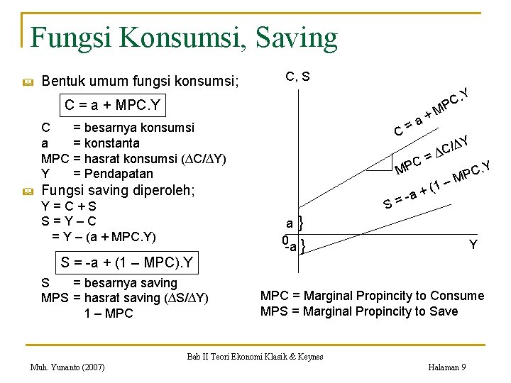 Fungsi Konsumsi, Saving & Bentuk umum fungsi konsumsi; C, S. Y C = a