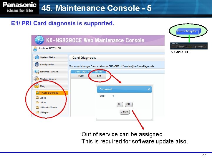 45. Maintenance Console - 5 E 1/ PRI Card diagnosis is supported. Trunk Adaptor