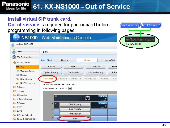 51. KX-NS 1000 - Out of Service Install virtual SIP trunk card. Out of
