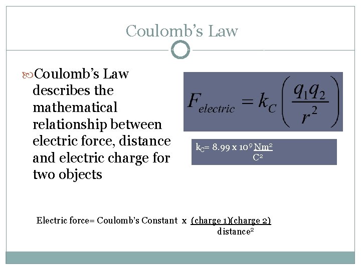 Coulomb’s Law describes the mathematical relationship between electric force, distance and electric charge for