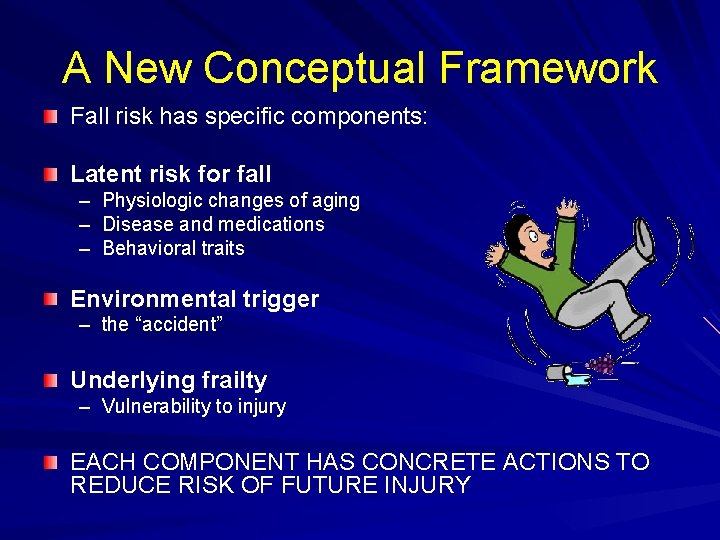 A New Conceptual Framework Fall risk has specific components: Latent risk for fall –