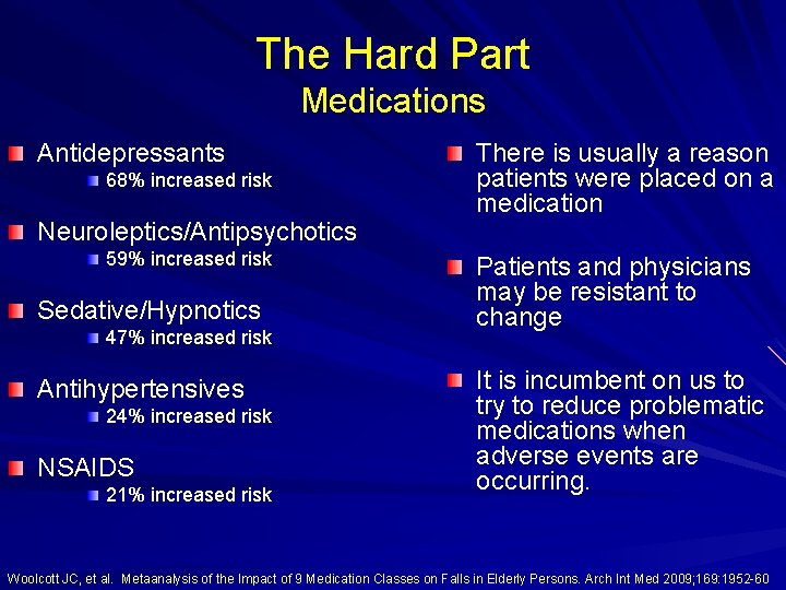 The Hard Part Medications Antidepressants 68% increased risk Neuroleptics/Antipsychotics 59% increased risk Sedative/Hypnotics 47%