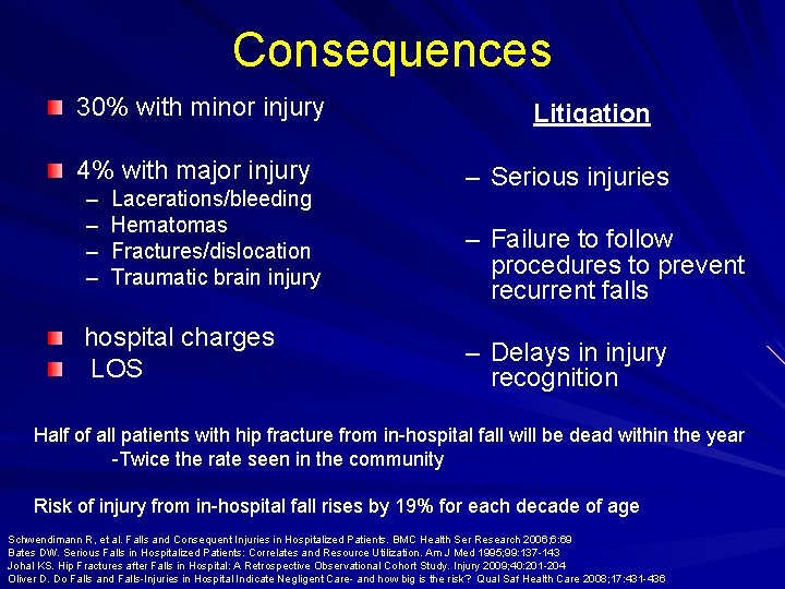 Consequences 30% with minor injury 4% with major injury – – Lacerations/bleeding Hematomas Fractures/dislocation