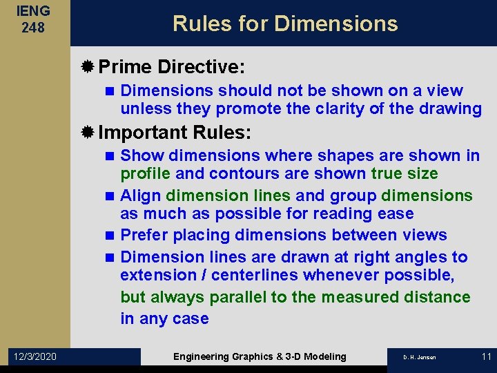 IENG 248 Rules for Dimensions ® Prime Directive: n Dimensions should not be shown