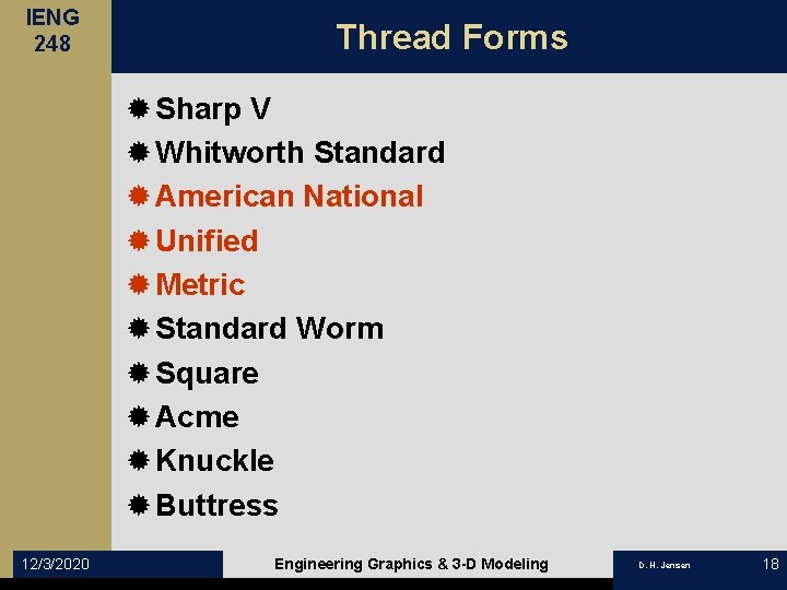 IENG 248 Thread Forms ® Sharp V ® Whitworth Standard ® American National ®