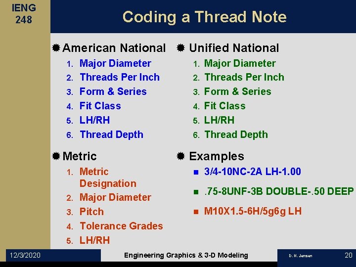 IENG 248 Coding a Thread Note ®American National ® Unified National 1. 2. 3.