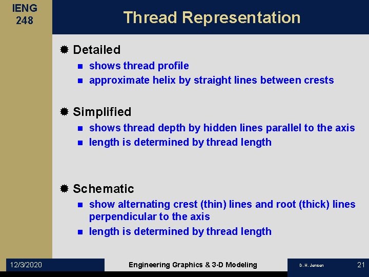 IENG 248 Thread Representation ® Detailed shows thread profile n approximate helix by straight