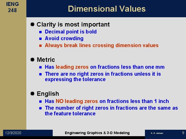 IENG 248 Dimensional Values ® Clarity is most important Decimal point is bold n